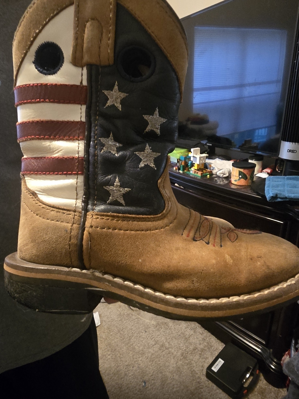 Kids Tan Suede Western Boots with American Flag Accent